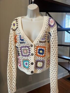 debut brand Cream Crochet Square V-Neck Cardigan with Multicolor Accents